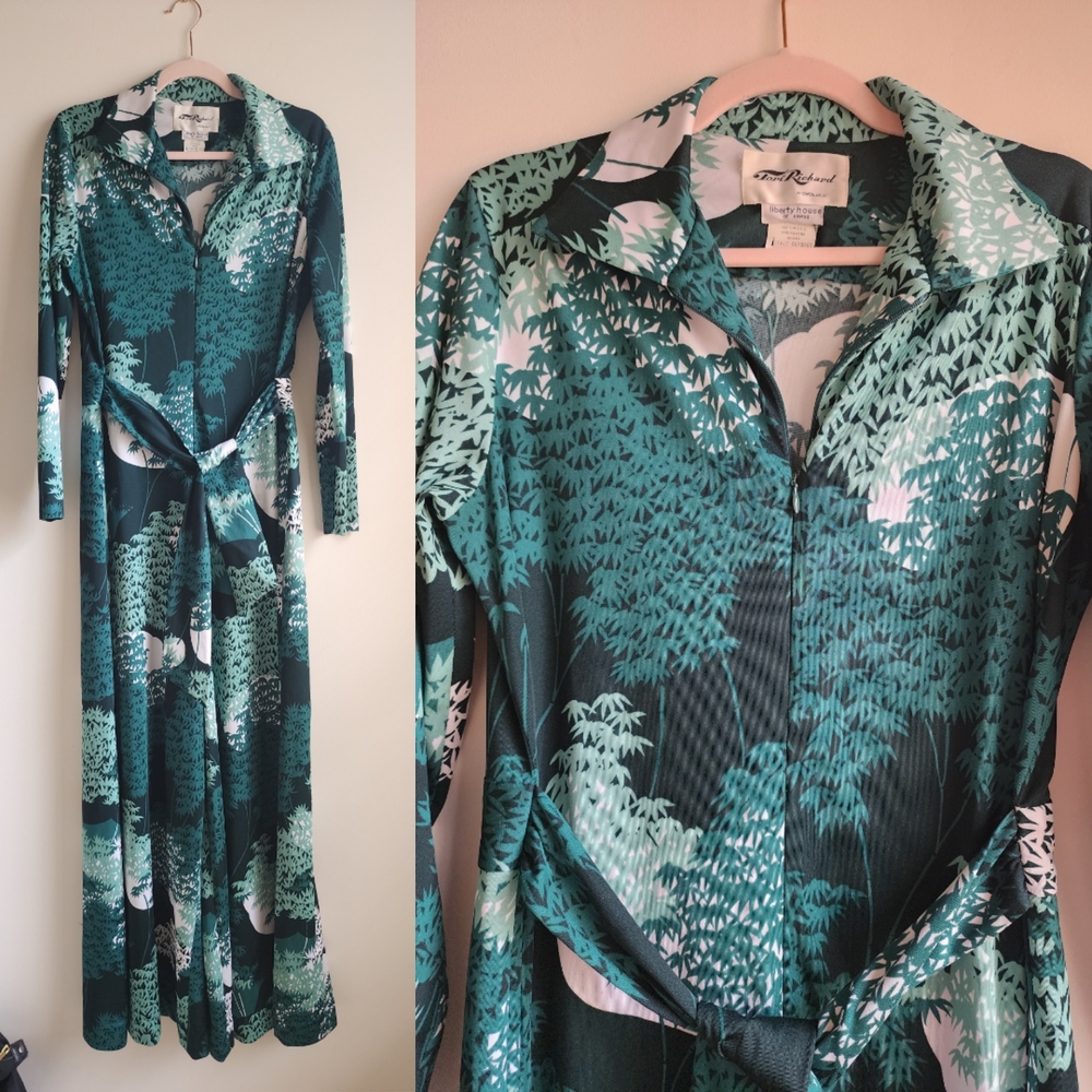 Rare 70s Vintage Hawaiian Moon Bambo Print Palazzo Jumpsuit Tori Richards XL